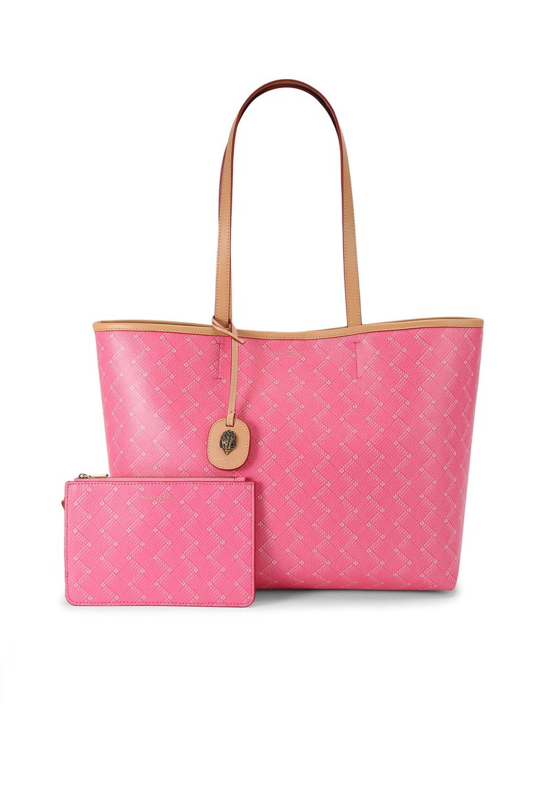 Borsa tote rosa con un design testurizzato; rifiniture e manici in pelle. Include una piccola pochette coordinata con zip. Accento del logo notevole attaccato.