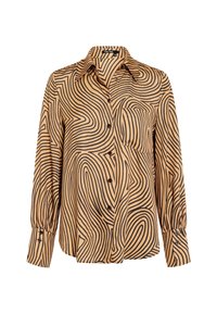 Long-sleeve shirt in a light brown fabric with a black swirling pattern, featuring a collar and buttons down the front, plus a chest pocket.