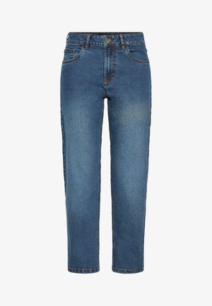 Siniset farkut, joissa on korkea vyötärö, suora lahje ja erottuva ommel. Ominaisuuksiin kuuluvat viisi taskua ja nappisulku edessä.