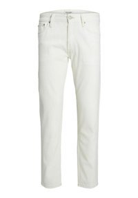 Jean en denim blanc avec une coupe droite, comprenant cinq poches, des passants de ceinture et une fermeture éclair avec bouton. Détails de couture partout.