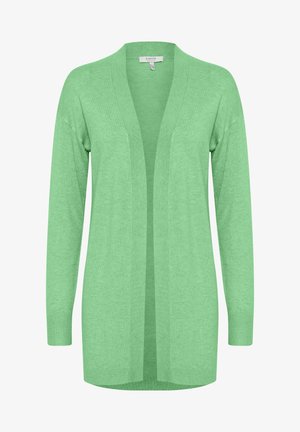 Cardigan verde chiaro realizzato in materiale morbido, con un lungo frontale aperto, maniche lunghe e polsini e orlo a coste.