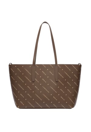 Sac fourre-tout en cuir marron avec le texte "Liebeskind Berlin" répétée en diagonale et deux longues poignées sur fond blanc.
