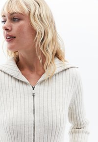 Jasnoszary, prążkowany sweter na zamek z wysokim kołnierzem, z metalowym zamkiem błyskawicznym i delikatnymi, kontrastującymi pionowymi liniami.