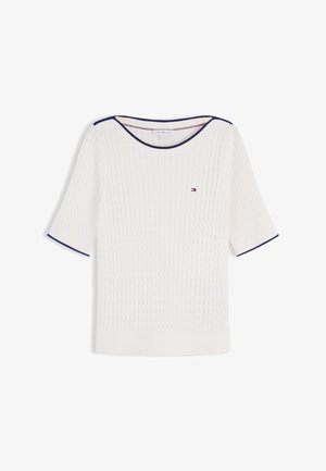Fehér, rövid ujjú kötött pulóver tengerészkék szegéllyel a galléron és az ujjakon, kis Tommy Hilfiger logóval a mellrészen.