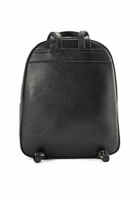 Czarny skórzany plecak z dwoma górnymi uchwytami oraz eleganckim, minimalistycznym designem. Powierzchnia jest gładka, z subtelnymi detalami w postaci przeszyć.