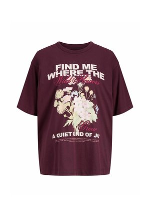 T-shirt oversize bordeaux avec motif floral imprimé et texte. Manches courtes, col rond, en tissu de coton doux.