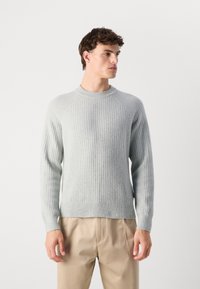 Pull gris clair à côtes avec un col rond, des manches longues et un ourlet ajusté. Texture douce et design décontracté.