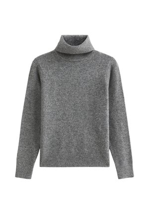 Maglione grigio a collo alto realizzato in un tessuto morbido e testurizzato. Presenta maniche lunghe e un colletto a costine, con una vestibilità rilassata e un design semplice.
