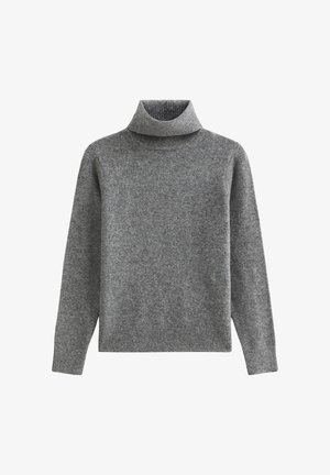 Grijze coltrui gemaakt van zachte, gestructureerde stof. Heeft lange mouwen en een ribbelige halslijn, met een ontspannen pasvorm en een eenvoudig ontwerp.