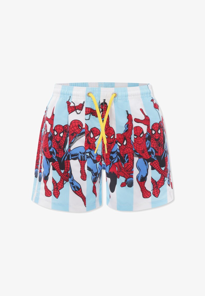 Shorts de bain avec un fond bleu clair, ornés de graphismes colorés de Spider-Man, taille élastique et cordon de serrage jaune.