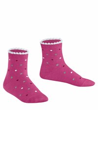 Fuchsia enkelsokken met een witte, gegolfde rand en een patroon van kleine stippen in de kleuren: rood, groen en wit. Gemaakt van een katoenmix.