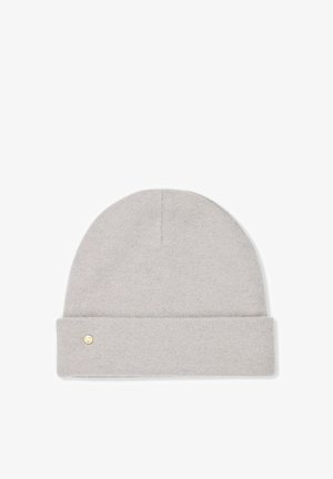 Light gray knitted beanie hat made of soft wool, featuring a folded cuff and a small gold accent on the side. Smooth texture.