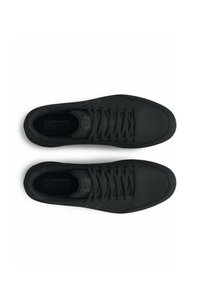 Black athletic shoes with a smooth synthetic upper, rounded toe, flat laces, and subtle branding on the side and insole.
