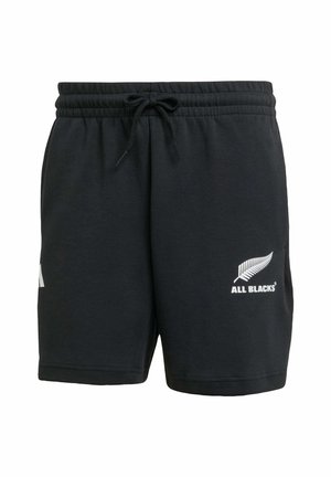 Zwarte katoenen shorts met een elastische tailleband en een trekkoord. Heeft een wit "ALL BLACKS" logo en een varen ontwerp op het linkerbeen.