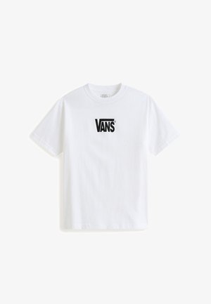Weißes Baumwoll-T-Shirt mit einem schwarzen "VANS"-Logo in der Mitte der Brust. Kurzärmlig und mit Rundhalsausschnitt. Glatte Textur.