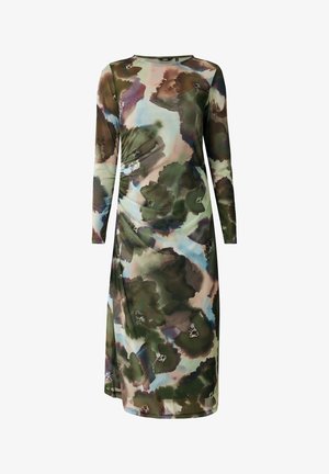 Šaty s dlouhým rukávem a délkou po kolena v mnohobarevném květinovém vzoru obsahující zelené, hnědé a pastelové odstíny. Hladká látka s mírným leskem.