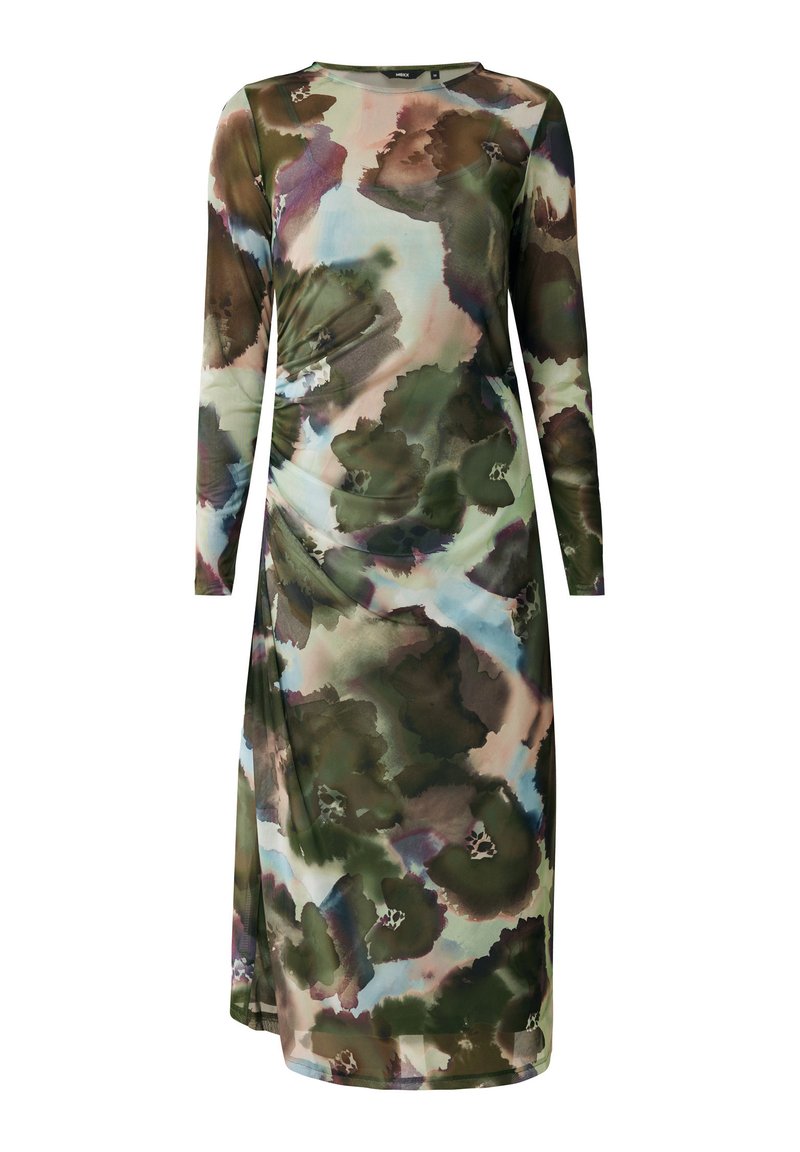 Langärmliges, knielanges Kleid mit buntem Blumenmuster in grünen, braunen und pastellfarbenen Tönen. Glatter Stoff mit leichtem Glanz.