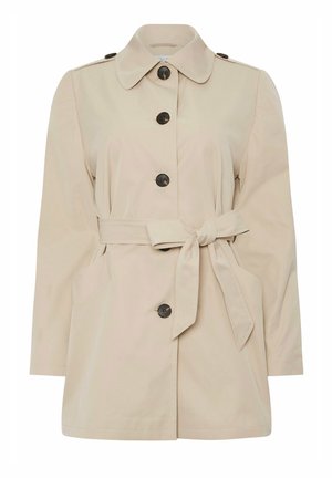 Abrigo tipo trench beige con botones negros, cinturón atado en la cintura, mangas largas y bolsillos laterales, exhibido sobre un fondo blanco.