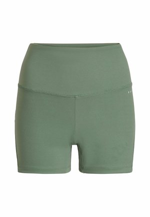 Hoge taille, olijfgroene sportschoenen gemaakt van rekbaar materiaal; heeft een gladde textuur en een elastische tailleband zonder zichtbare naden.