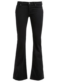 Jean noir taille haute coupe bootcut avec fermeture avant à boutons et zip, cinq poches et passants pour ceinture.