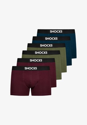 Set aus sechs Herren-Boxershorts in verschiedenen Farben: burgunderrot, dunkelgrün, marineblau und olivgrün, mit schwarzen Gummibund, der mit "SNOCKS" beschriftet ist.