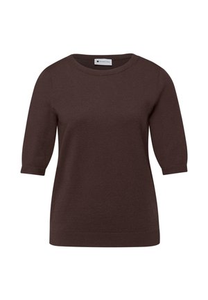 Brązowy krótki sweter z dzianiny z okrągłym dekoltem oraz ściągaczami na rękawach i u dołu, oznaczony metką "Street One".