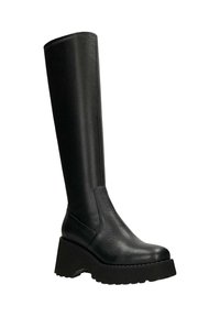Černá kožená vysoká bota až ke kolenům s texturovaným povrchem, kulatou špičkou a silnou platformou. Disponuje bezproblémovým designem bez viditelného kovového prvku.