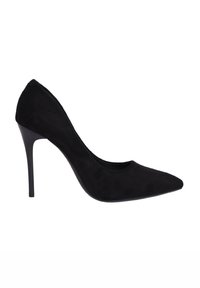 Décolleté nera in suede con punta affilata e design elegante, caratterizzata da un tacco a stiletto e texture liscia. Nessun hardware o accessorio visibile.