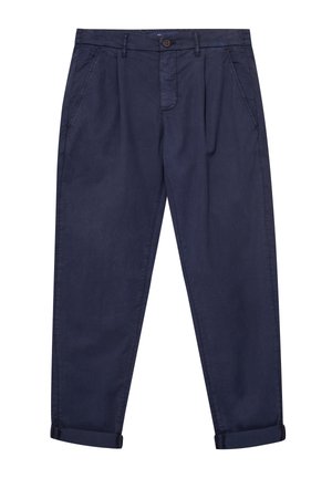 Marineblaue Freizeithose mit Knopf- und Reißverschluss, Seitentaschen, Gürtelschlaufen und aufgerollten Bündchen.