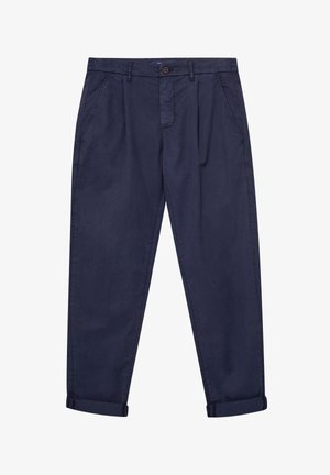 Navy blue casual trousers with button and zip closure, side pockets, belt loops, and rolled-up cuffs.
