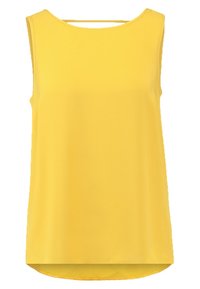 Żółty top bez rękawów wykonany z gładkiego materiału, z okrągłym dekoltem i lekko asymetrycznym dołem. Brak widocznych wzorów lub zdobień.