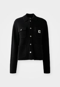 Schwarze, gerippte Strickjacke mit einem Kragen, vorderen aufgesetzten Taschen und silbernen Knöpfen. Verfügt über ein Logopatch auf der Brusttasche. Weicher Touch.