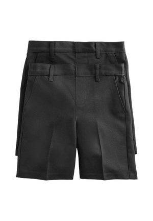 Dos pares de pantalones cortos negros hechos a medida con presillas para cinturón y bolsillos laterales, apilados uno detrás del otro sobre un fondo blanco.