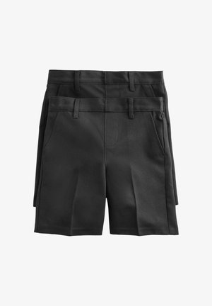 Dos pares de pantalones cortos negros hechos a medida con presillas para cinturón y bolsillos laterales, apilados uno detrás del otro sobre un fondo blanco.