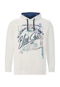 White hoodie with blue accents, featuring a graphic print that includes text and nautical designs. Made from soft fabric, it has a front kangaroo pocket.