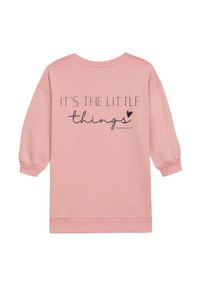 Rosa Sweatshirt mit langen Ärmeln, versehen mit dem Text "ES SIND DIE KLEINEN Dinge" in Schwarz. Weicher Stoff, lockere Passform mit gerippten Bündchen.