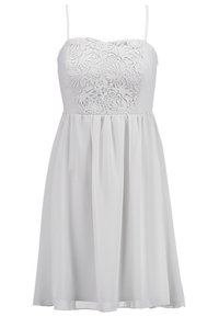 Robe blanche avec un corsage ajusté en dentelle et une jupe ample et fluide. Elle présente de fines bretelles et une superposition en dentelle texturée.