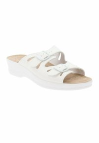 Sandalias de cuña blancas hechas de material sintético, con dos correas ajustables con hebillas, diseños recortados y una plantilla acolchada.