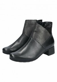 Bottines en cuir noir avec une bande texturée grise, talon bas, bout arrondi et finition lisse. Présente des matériaux et un design contrastés.