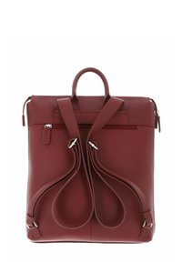 Sac à dos en cuir bordeaux avec deux bretelles, finition texturée, poignée supérieure et poche zippée. Accents en métal chromé et bretelles ajustables.