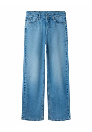 Lyseblå vidde jeans med frontknap, lynlås, bæltestropper og fem lommer, vist fladt på en hvid baggrund.