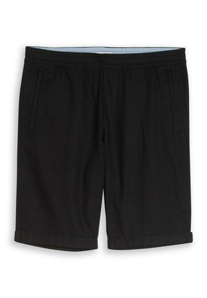 Shorts noirs décontractés avec taille élastique, poches latérales et revers roulés, présentés à plat sur fond blanc.