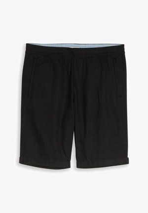 Shorts noirs décontractés avec taille élastique, poches latérales et revers roulés, présentés à plat sur fond blanc.