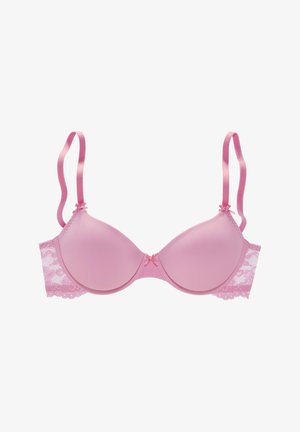 Rosa gepolsterter BH mit Spitzenakzenten an den Seiten, verstellbaren Satinschulterträgern und einer glatten matten Oberfläche. Verfügt über zwei kleine dekorative Schleifen.