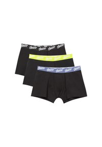 Három férfi boxer sort: kettő fekete, fekete/szürke derékkal, egy neon zöld derékkal, és egy kék derékkal.