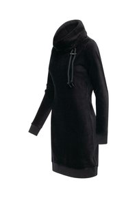 Schwarzes Fleece-Kleid mit hohem Schalkragen, langen Ärmeln und gerippten Bündchen; verfügt über verstellbare Kordeln am Kragen.