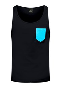 Top nero senza maniche con una tasca turchese a tinta unita. Realizzato in un materiale leggero, presenta un collo rotondo.