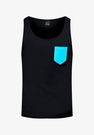 Top nero senza maniche con una tasca turchese a tinta unita. Realizzato in un materiale leggero, presenta un collo rotondo.