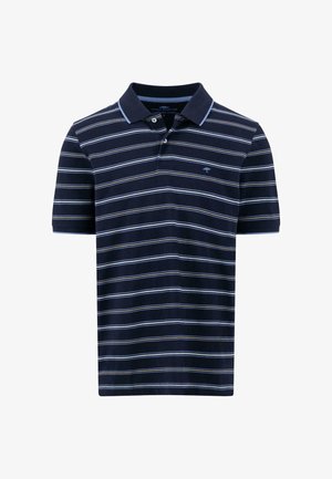 Temno modra polo majica z vodoravnimi črtami v svetlo modri in rumeni barvi. Kratke rokave, ovratnik in zapiranje z dvema gumboma. Bombažni material.