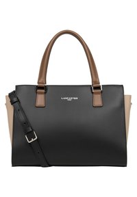 Zwarte en beige gestructureerde handtas met een gladde afwerking, twee kleuren ontwerp, bovenhandvatten, een afneembare schouderband en gegraveerde branding.